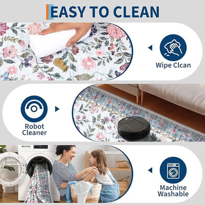 GarveeHome Large Washable Area Rug 10 x 13 for Living Room, Non-Slip Soft Vintage Rug, Low Pile Farmhouse Floral Carpet, Non-Shedding Foldable Printed Rugs for Bedroom, Light Blue