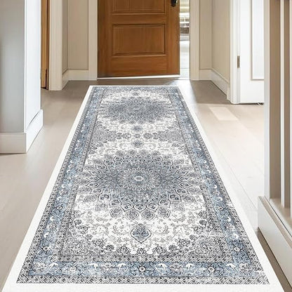 2x6 Runner Rugs for Entrance Non-Slip Washable Hallway Runner Rugs for Bedroom Low Pile Vintage Runners Blue
