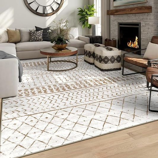 8x10 Machine Washable Area Rug for Living Room, Brown White Vintage Moroccan Rug Large Non-Slip Low Pile Soft Faux Wool Carpet, Kids and Pets Friendly for Bedroom Dining Room Farmhouse Home Decor Rug
