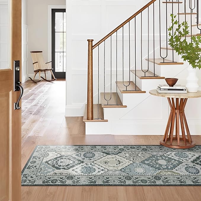 Phantoscope Washable Runner Rug 2'x6' Non-Slip, Vintage Boho Hallway Rugs for Entryway, Stair, Bedroom, Distressed Moroccan Mosaic Diamond Pattern, Low-Pile Foldable Floor Carpet, Grey Charcoal