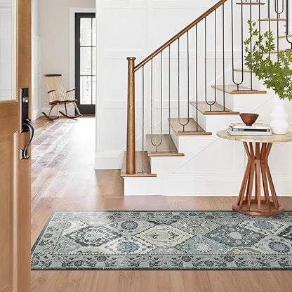 Phantoscope Washable Runner Rug 2'x6' Non-Slip, Vintage Boho Hallway Rugs for Entryway, Stair, Bedroom, Distressed Moroccan Mosaic Diamond Pattern, Low-Pile Foldable Floor Carpet, Grey Charcoal