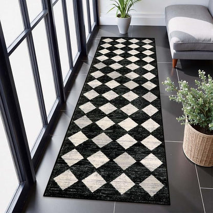 Lahome Moroccan Trellis Runner Rug - 2x8 Black Hallway Runner Rug with Rubber Backing, Checkered Kitchen Non Skid Carpet Runners Washable Indoor Mat for Camper Entryway Bathroom Hardwood Floor