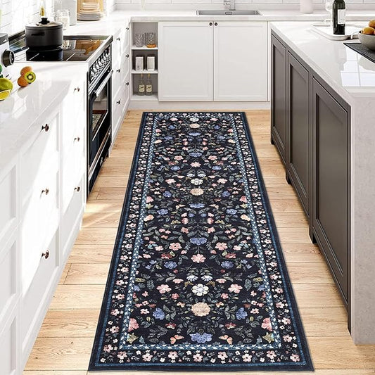 GarveeHome Washable Runner Rug 2 x 6 Non-Slip Non-Shedding Soft Vintage Bedside Rug, Low Pile Farmhouse Floral Carpet, Indoor Foldable Printed Entryway Rug for Hallway Kitchen, Dark Grey Blue