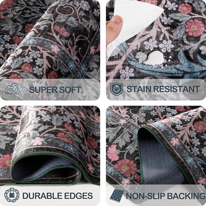 Washable 2'6" x 8' Runners for Hallways, Non Slip Long Floor Runner for Kitchen, Entryway Indoor, Stain Resistant Rubber Backing Floral Décor Rug (Dark Green)