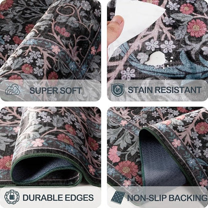 2x3 Area Rug Washable Entry Rug, Vintage Floral Thin Rug for Kitchen, Non-Slip Bathroom Small Rugs, Front Door Throw Rugs Indoor, Boho Entryway Decor (2x3 Dark Green)