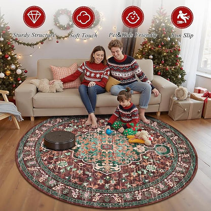 U'Artlines Boho Vintage Round Area Rug 6ft Machine Washable Low Pile Soft Floor Carpet Non Slip Non Shedding Accent Rug for Living Room Bedroom Entryway Dining Room Office Rust＆Teal
