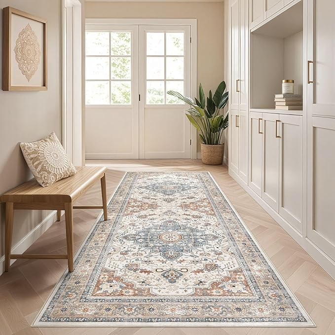 Runner Rug Kitchen Washable Rugs: 3x8 Non-Slip Boho Vintage Distressed Stain Resistant Indoor Neutral Farmhouse Throw Carpet for Hallway Bathroom Laundry Room Entryway Bedroom- Beige Blue