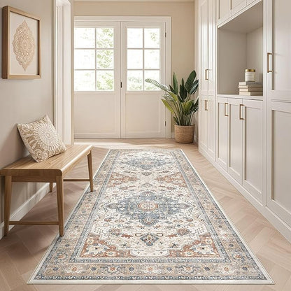 Runner Rug Kitchen Washable Rugs: 2x6 Non-Slip Boho Vintage Distressed Stain Resistant Indoor Neutral Farmhouse Throw Carpet for Hallway Bathroom Laundry Room Entryway Bedroom- Beige Blue