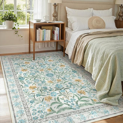 Lahome Blue 5x7 Area Rugs for Living Room, Boho Floral Washable Girls Bedroom Rug, Soft Retro Non-Slip Kids Nursery Carpet for Playroom Apartment Decor