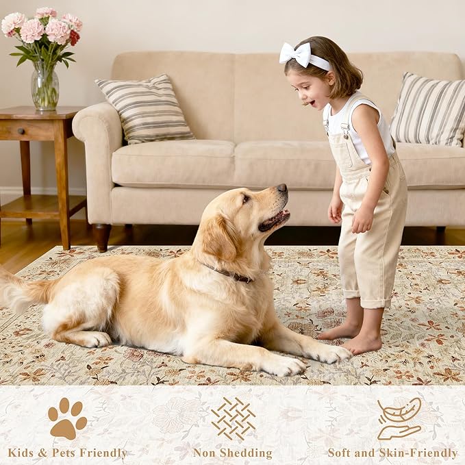 DUKINO 2x4 Rug for Entryway, Lightweight Washable Runner Rug with Non Slip Backing, Vintage Floral Low Pile Small Carpet Runner for Kitchen, Hallway, Entryway, Bathroom, Bedroom, Beige