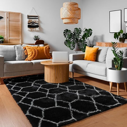 ONASAR Area Rugs for Living Room Bedroom, 5x8 Washable Fluffy Black and White Rug, Geometric Boho Soft Plush Shaggy Fuzzy Floor Carpet for Nursery Kids Girls Boys Teen Dorm Home Decor Aesthetic