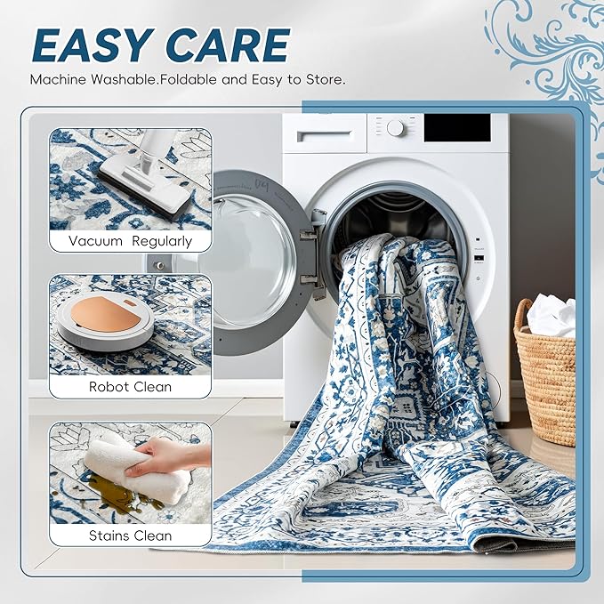 EnHomee 5x7 Area Rugs Washable for Bedroom, Boho Vintage Rugs, Foldable Area Rug for Dining Room, Non-Slip Soft Living Room Rug, Low Pile Large Carpet for Bathroom, Colorful Print, Blue and White