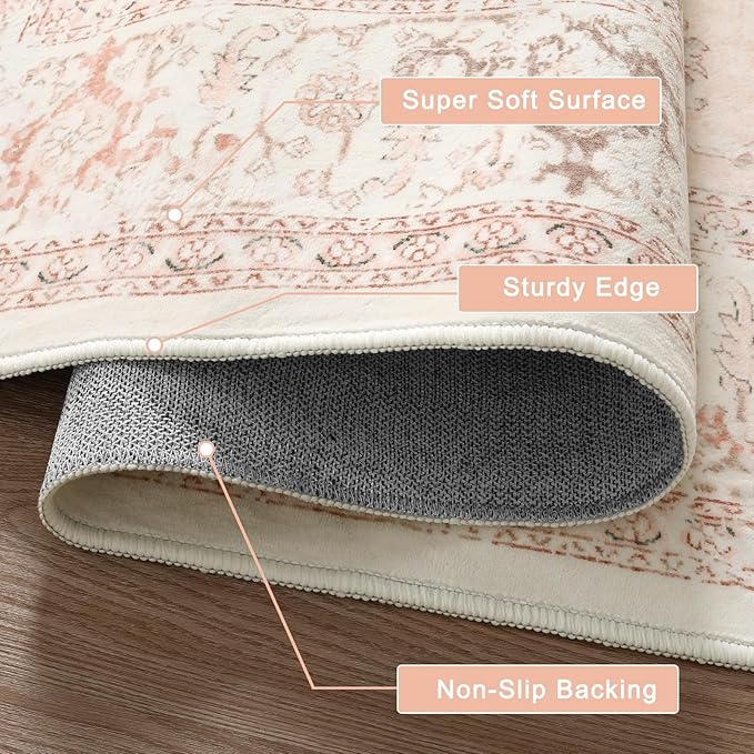 LIVEBOX Pink 10x14 Area Rug, Extra Large Vintage Area Rugs for Living Room Boho Soft Low Pile Non Slip Rug, Retro Non Shedding Indoor Carpet for Bedroom Dining Room Under Table
