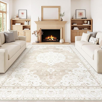 Vintage Living Room Area Rug - 8x10 Large Machine Washable Boho Moroccan Rug Distressed Farmhouse Rugs for Bedroom - Soft Non-Slip Indoor Carpet for Dining Room Office Nursery(Boho Beige, 8'x10')