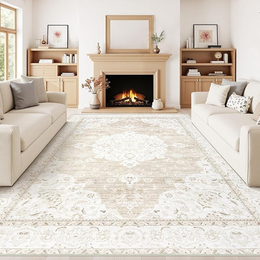 Vintage Living Room Area Rug - 8x10 Large Machine Washable Boho Moroccan Rug Distressed Farmhouse Rugs for Bedroom - Soft Non-Slip Indoor Carpet for Dining Room Office Nursery(Boho Beige, 8'x10')