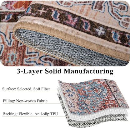 8x10 Large Area Rugs for Living Room, Washable Vintage Rugs-Low Pile Carpet, Non-Slip Soft Distressed Printed Patterns Rugs for Bedroom, Dining Room, Rust Brown