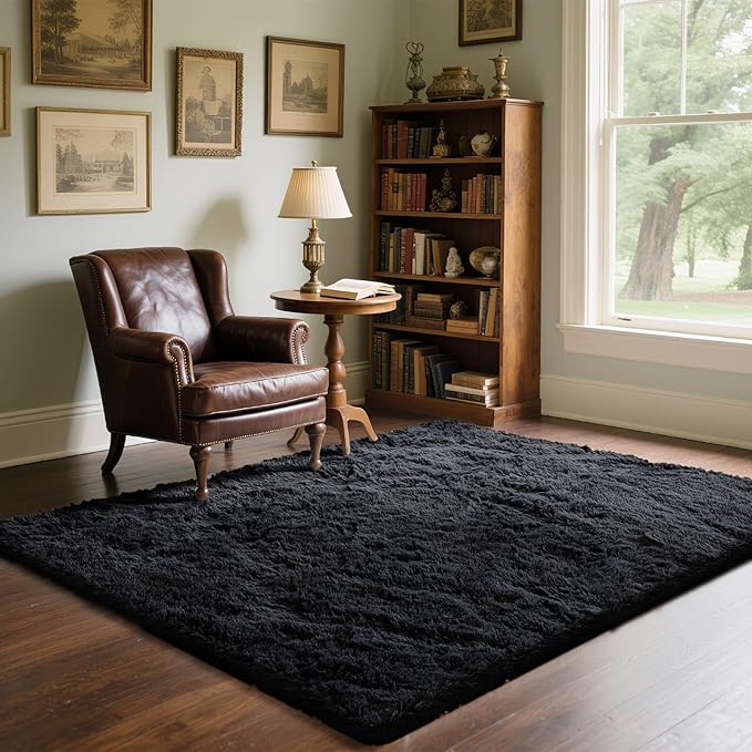 4x6 Area Rugs for Living Room Bedroom,Soft Fluffy Shaggy Bedside Rug, Indoor Floor Carpet for Kids Playroom Playroom, Dorms, Nursery Rooms, Home Decor (Black 4'x6')