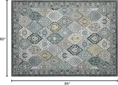Phantoscope Washable Area Rug 5'x7' Non-Slip, Vintage Boho Rugs for Living Room, Bedroom, Dining Room, Distressed Moroccan Mosaic Diamond Pattern, Low-Pile Foldable Floor Carpet, Grey Charcoal
