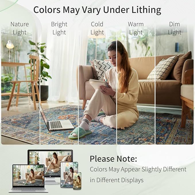 Enkor Area Soft Rugs 6x9 Washable Non Slip Boho Floor Rugs for Living Room Bedroom, Vintage Style Farmhouse Mat for Kitchen Entryway Green & Blue