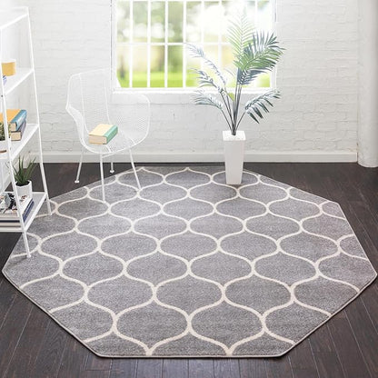 Rugs.com Lattice Frieze Collection Rug – 7' 10 Octagon Light Gray Medium Rug Perfect for Living Rooms, Kitchens, Entryways