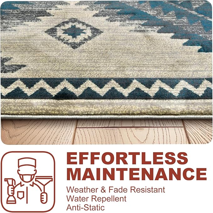 YHSF South West Native American Rug Ritz – Native Tribal American Indian Inspired Rug - Living Room, Bedroom, Hallway, Entryway & High-Traffic Area Rugs - Washable - Soft - Aqua, 5 Feet x 7 Feet