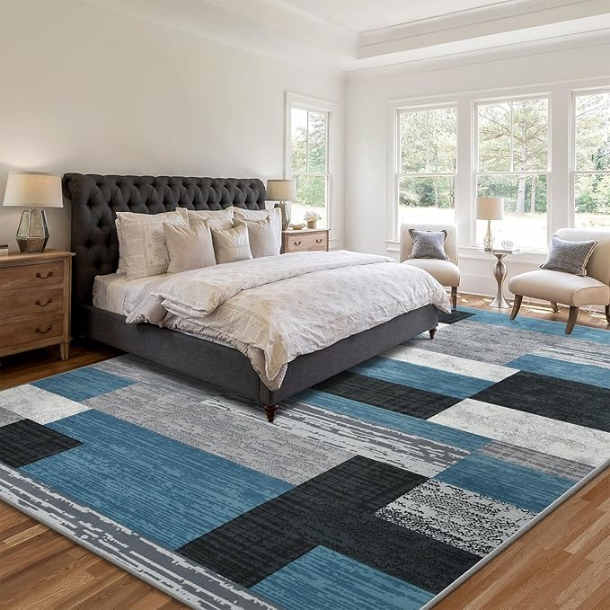 Large Area Rugs,Modern Geometric Patchwork Floor Decor for Bedroom Aesthetic Carpet, Rockwood Collection, Indoor Rugs for Living Room, Dining Room, Nursery, Office, Machine Washable Rug,6x9 Ft Blue