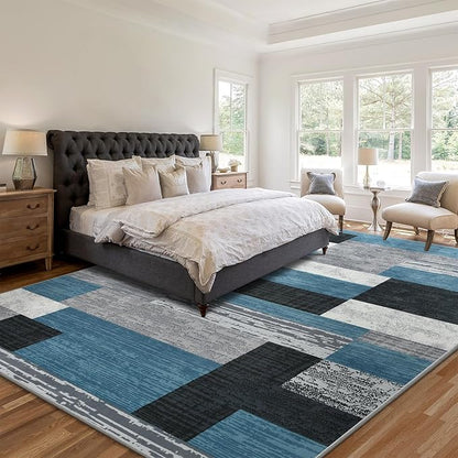 Large Area Rugs,Modern Geometric Patchwork Floor Decor for Bedroom Aesthetic Carpet, Rockwood Collection, Indoor Rugs for Living Room, Dining Room, Nursery, Office, Machine Washable Rug,6x9 Ft Blue