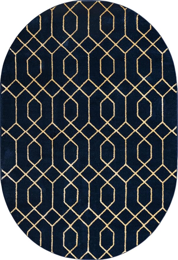Unique Loom Glam Collection Area Rug - Trellis (4' x 6' Oval, Navy Blue Gold/ Gold)