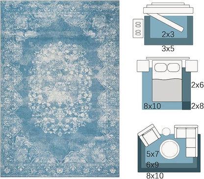 jinchan Washable Area Rug 6x9 for Living Room Soft Faux Wool Ultra-Thin Stain Resistant Non-Slip Distressed Vintage Floral Rug Large Carpet for Bedroom, Dining Room, Home Office, Nursery(Blue, 6'x9')