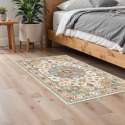 Enkor Area Soft Rugs 2x3 Washable Non Slip Boho Small Floor Entryway Rugs for Living Room Bedroom, Vintage Style Farmhouse Mat for Kitchen Orange & Beige