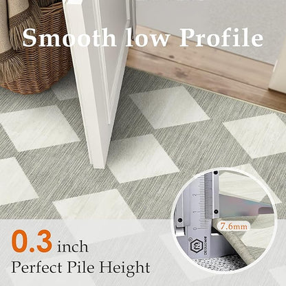 3x8 Runner Checkered Rug for Hallways Grey Washable Long Carpet Non-Slip Low Pile Boho Indoor Accent Throw Rug for Entrance Kitchen Bedroom Dining Laundry
