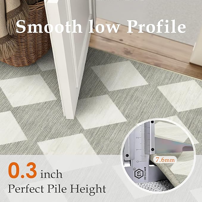 3x5 Checkered Area Rug Grey Machine Washable Small Rug Non-Slip Stain Resistant Low Pile Boho Accent Indoor Throw Carpet for Entryway Office Bedroom Dining Living Room