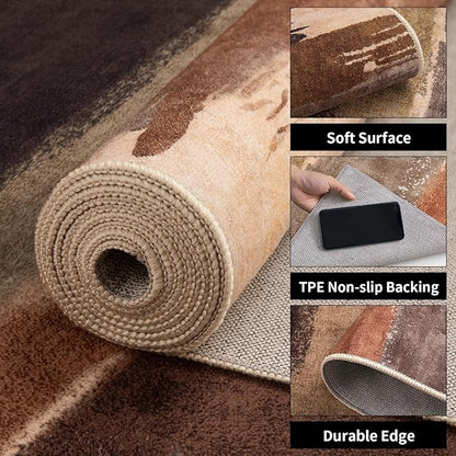 Ciicool Abstract Area Rug Indoor, 3x5 Washable Entryway Rug, Modern Soft Throw Entry Rug with Non-Slip Backing for Bedroom Living Room Entrance Kitchen, Low-Pile Floor Carpet Doormat Brown Grey