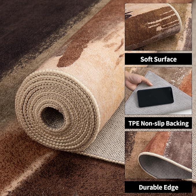Ciicool Modern Abstract Rug for Living Room, 10'x14' Machine Washable Area Rug Non-Slip Rug, Low-Pile Contemporary Indoor Dining Floor Carpet for Bedroom Office Under Table Home Decor Brown Black
