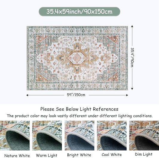 Moynesa Ultra-Thin Washable Area Rug - 3x5 Entryway Rug Washable Bedroom Rug Non Slip Front Door Mat, Vintage Medallion Printed Indoor Carpet for Living Laundry Bathroom Vanity Foyer, Beige/Gold