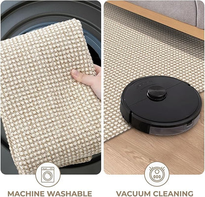 KOZYFLY Washable Area Rug 5x7 ft Rubber Backed Non Slip Rugs for Living Room Braided Cotton Bedroom Rug Woven Office Rugs Indoor Outdoor Floor Carpets for Dining Bedroom Living Room, Ivory/Khaki