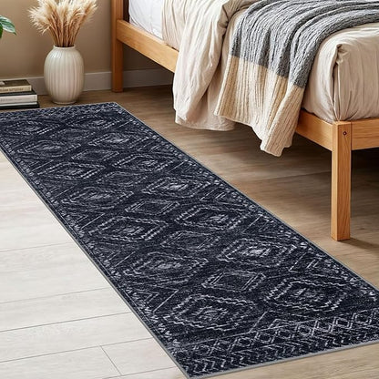KILOCOCO Boho Kitchen Runner Rug 2x6 Washable Runner Rug, Soft Runners for Hallways Non Slip Printed Distressed Laundry Room Rug, Low-Pile Rug for Entryway/Bedroom/Living Room, Black/Navy
