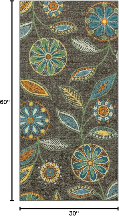 Maples Rugs Reggie Floral Runner Rug - Made in USA - Washable, Non Slip Indoor Carpet for Kitchen, Hallway, and Laundry Room, 2'6" x 5', Dark Grey