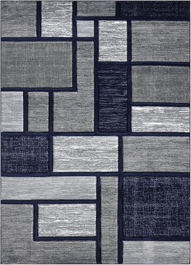 Navy Blue Geometric 8x10 Area Rug – Modern Patterned Carpet for Living Room, Bedroom, or Office – Soft Durable Floor Rug – Stylish Contemporary Design