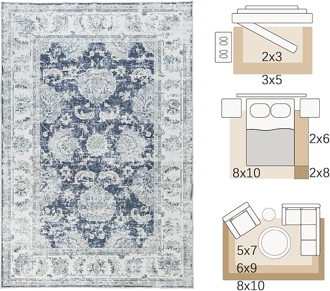jinchan Fiora 4x6 Area Rugs for Bedroom - Machine Washable Distressed Vintage Floral Design Stain Resistant Boho Carpet Ultra-Thin Low Pile Non-Slip Rug for Living Room Dining Room (4‘x6', Dark Blue)