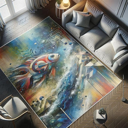 Ambesonne Modern Art Decorative Rug, Abstract Design of Color Jumble with Geometric Leafy Ornaments and Fish, Quality Carpet for Bedroom Dorm and Living Room, 2' 5" x 5', Sea Blue Multicolor
