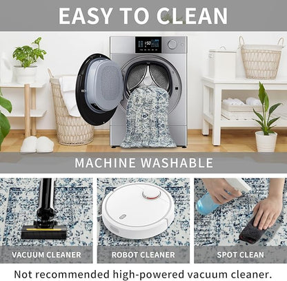 Easy-Going Area Rug 4x6 Washable Boho Rugs for Living Room Non-Slip Bedroom Rug Low Pile Lightweight Floral Print Vintage Throw Rug for Dining Room Kitchen Home Office Carpet, Blue Cream