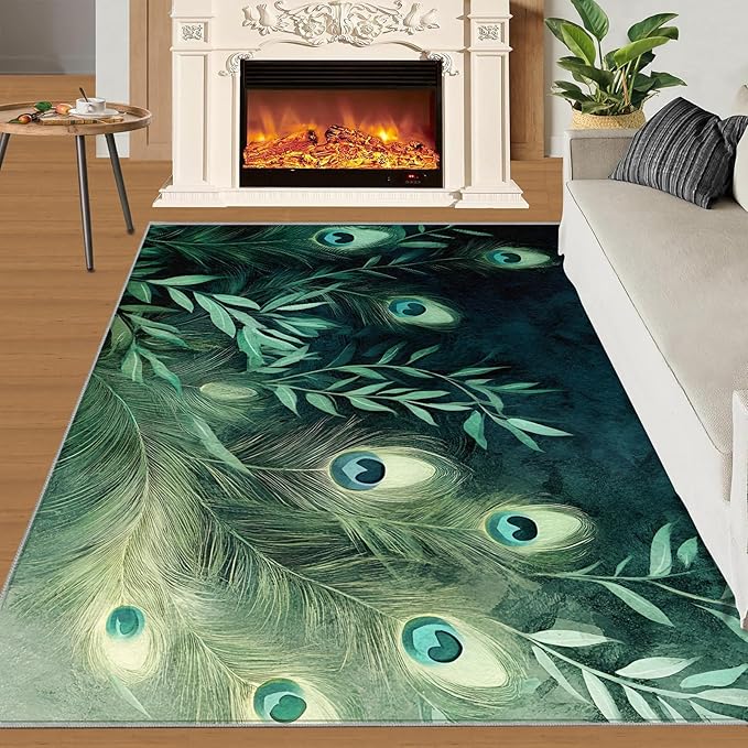 Peacock Feather Rugs for Living Room - 8x10 Rug, Peacock Decor Area Rugs for Bedroom, Teal Turquoise Rug, Plant Washable Carpet, Malachite Green Feather Carpet - Peafowl Home Decor & Gifts