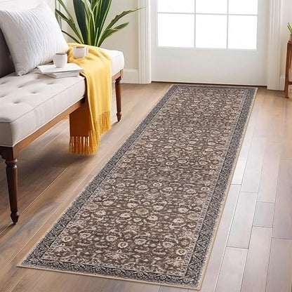 Vintage Floral 2x6 Runner Rug, Mocha Brown Washable Kitchen Runner Rug Non-Slip Hallway Rug Runner Boho Thin Printed Faux Wool Super Soft Carpet for Entryway Bedroom Laundry Room Indoor