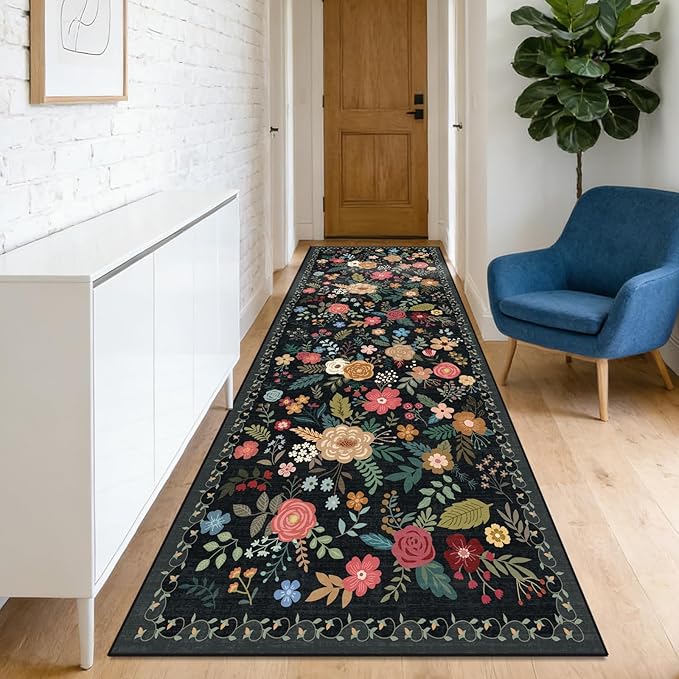 Washable 2'6" x 10' Runners for Hallways, Non Slip Long Floor Runner for Kitchen, Entryway Indoor, Stain Resistant Rubber Backing Floral Décor Rug (Black)