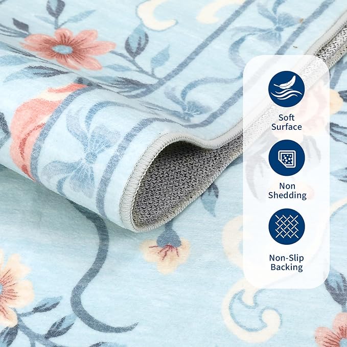 GarveeHome Washable Floral Area Rug 5x7 for Living Room Non Slip Bedroom Rug Soft Stain Resistant Large Dining Room Throw Carpet Low Pile Blue Bow Rugs Butterfly Flower Carpet for Nursery Entry, 5x7