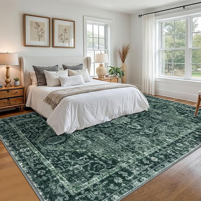 KOZYFLY Area Rug 9x12 Ft Thin Rugs for Living Room Washable Bedroom Rug Non Slip Rugs for Living Room Printed Faux Wool Vintage Bedroom Rug Floor Carpet for Dining Room, Dark Green