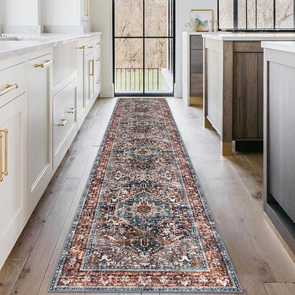KOZYFLY Runners for Hallways 2x10 Ft Washable Kitchen Runner Rug Boho Runner Rug for Entryway Indoor Printed Faux Wool Carpet Runner for Bedroom Kitchen Hall, Brick Red/Orange/Green
