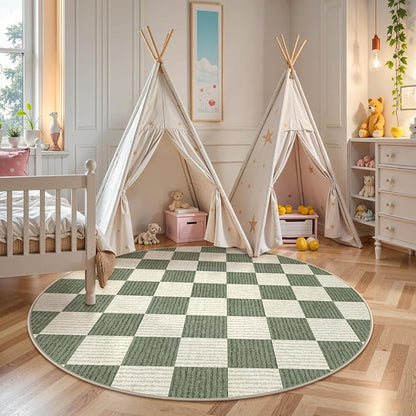 LIVEBOX Checkered Round Rug 4 Ft Washable Area Rug for Playroom, Kids Non-Slip Neutral Classic Circle Rug Geometric Large Carpet Soft Boys Rug for Classroom Dorm Bedroom(Green,120R)