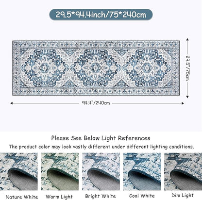 Moynesa Blue Vintage Floral Medallion Runner Rug, 2'6" x 8', Machine Washable, Non-Slip, Pet Friendly, High-Traffic Areas
